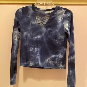 Blue and White long sleeve slight cropped top